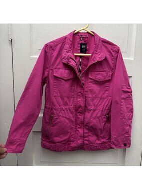 GAP Utility Jacket Pink M Petite Military Zip Snap Cotton Field Jacket